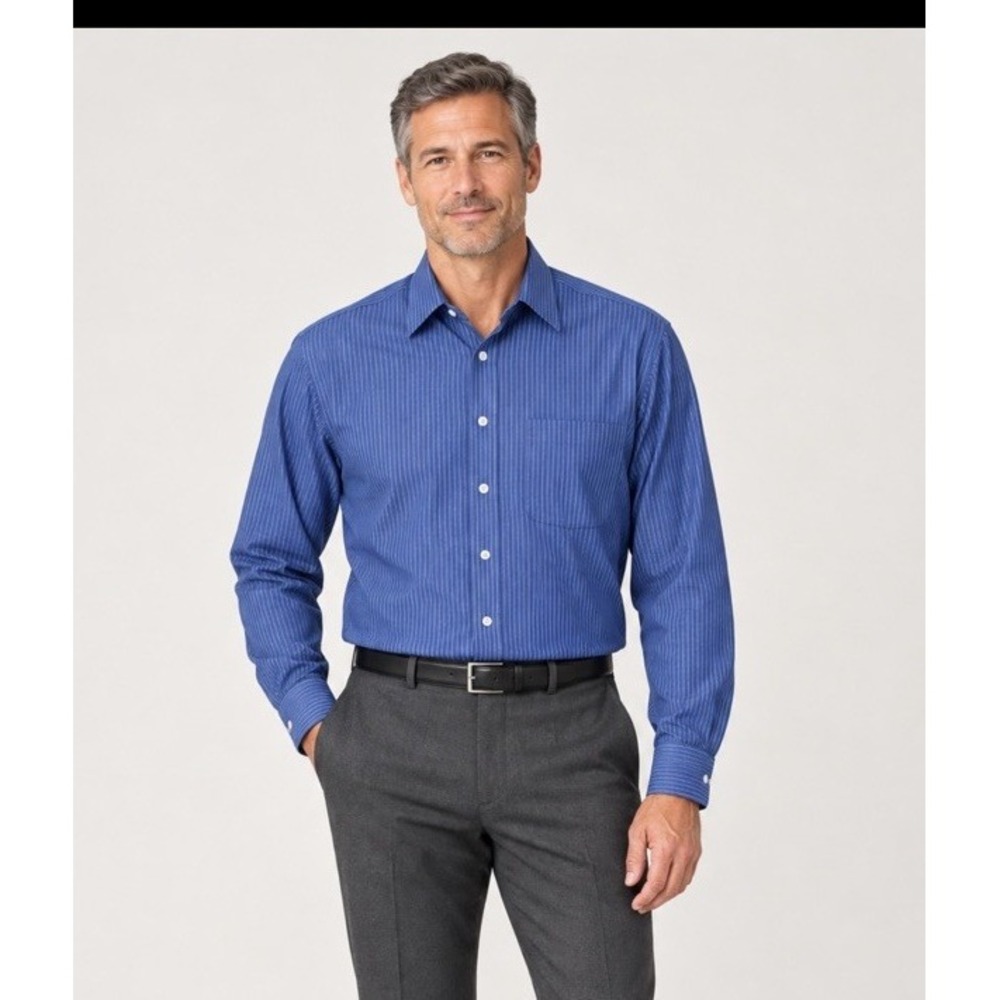 Stafford Mens Blue Pinstripe Dress Shirt Wrinkle Free 18.5 34-35 Long Sleeve